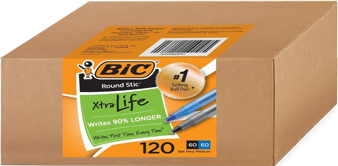BIC Round Stic Xtra Life Pens, Medium Point 1.0 mm, 60 Black & 60 Blue Pens, Pack of 120