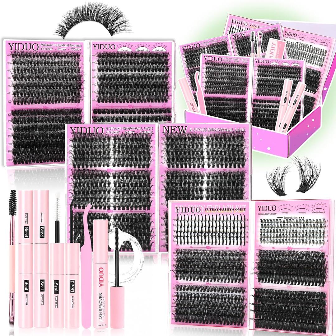 YIDUO 6 Box Mix Lashes Clusters Kit Gift Packs 1686Pcs with 2X Bond&Seal Volume Mega/Bottom Soft Extension False Eyelash Wispy Natural DIY Individual Clusters Lash Kit for Beginners Bulk Pack