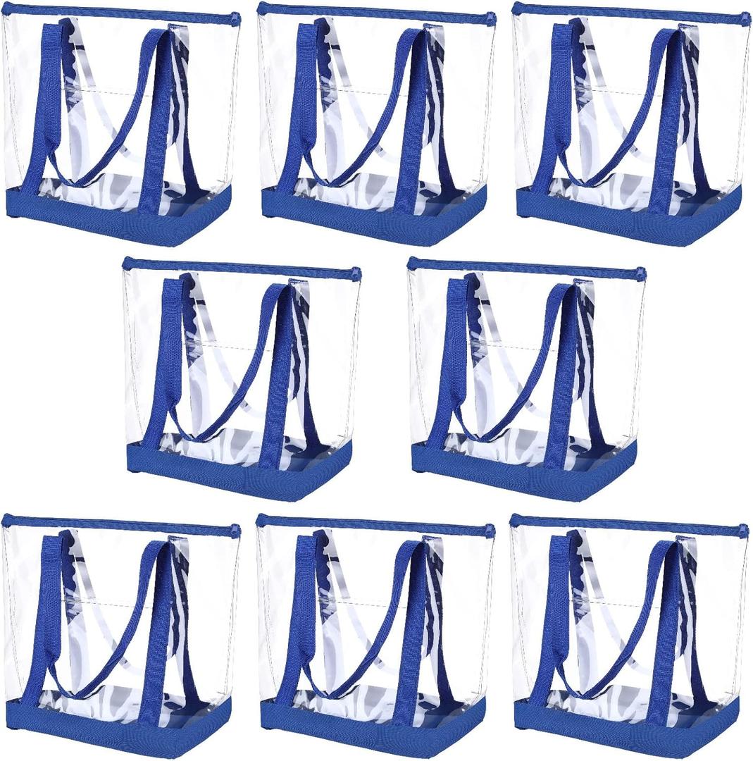 Reginary Set of 8 Clear Tote Bags Shoulder Handbag Security Approved See Through Bag with Zipper Closure for Travel Work (Blue)