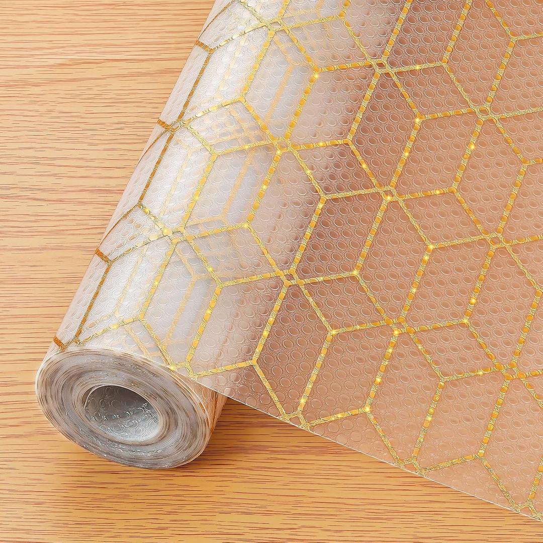 Cooyes Shelf Liner, Non Adhesive Drawer and Cabinet Liner, EVA Washable Oil-Proof Shelf Paper for Kitchen Cabinets, Refrigerator, Storage, Desks with Modern Pattern (23.6"W x 360"L, Amber Golden)