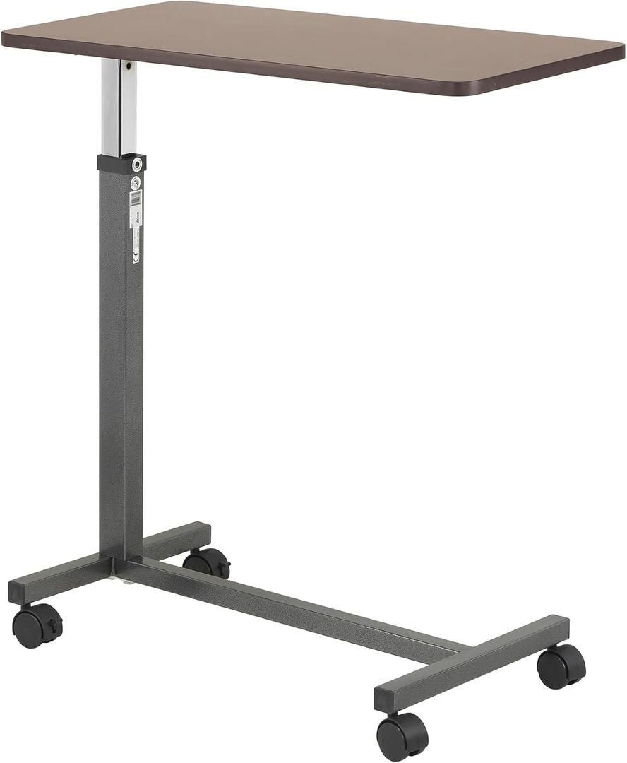 Drive Medical Overbed Table with Wheels - Secure Height Adjustment for Comfort - Non Tilt Surface - Smooth Rolling Design - Home & Hospital Use - Woodgrain Laminate Top - Silver Vein