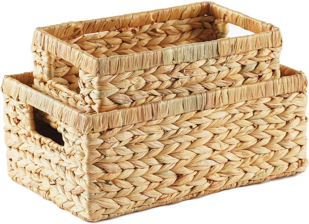 Greenatural Water Hyacinth Storage Baskets Set of 2, Handwoven Rectangular Organizer Trays with Handles in 2 Different Sizes, Nested Wicker Bins for Shelf, Bathroom, Kitchen, Office, Natural Decor (16x11.8x7 & 14x9.8x6)