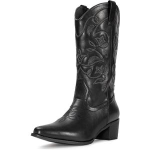 IUV Cowboy Boots For Women Pointy Toe Women's Western Boots Cowgirl Boots Mid Calf Boots (6 Wide, Black)