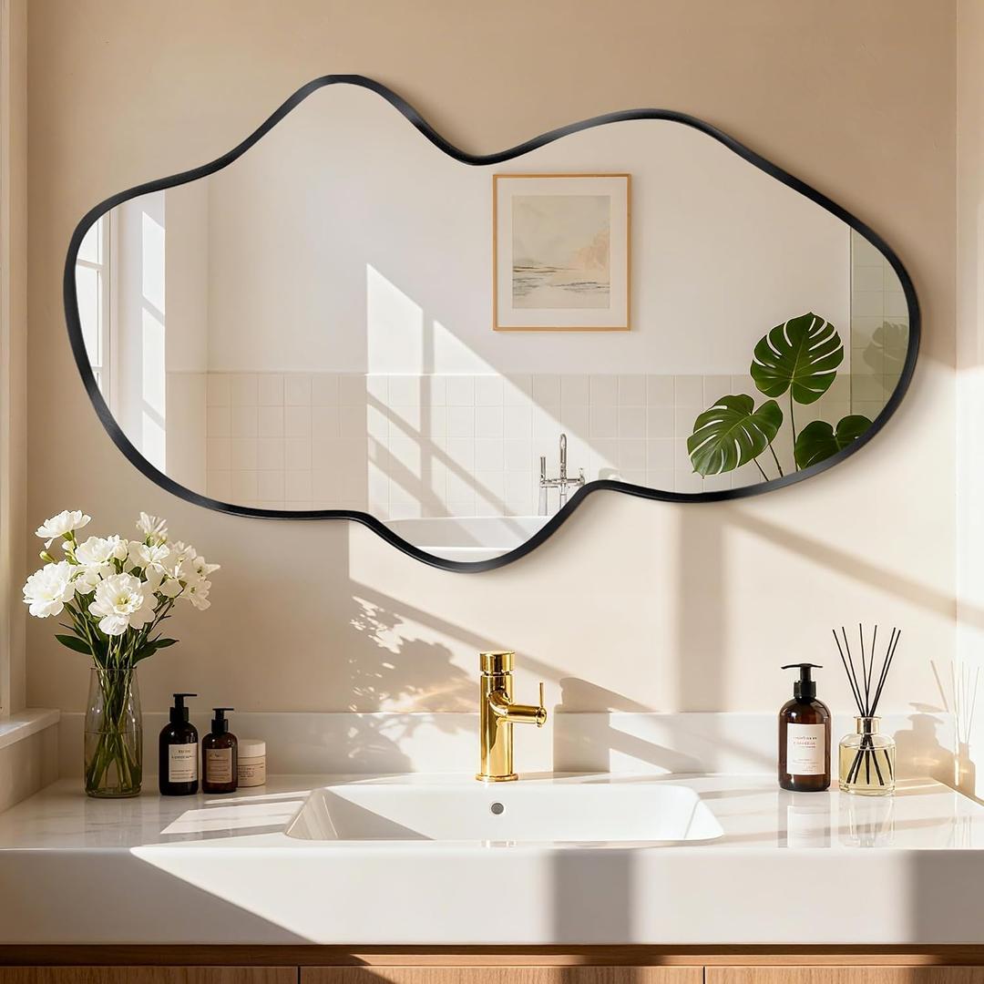 Irregular Wall Mirror, Black Bathroom Wavy Abstract Mirror for Over Sink, Decorative Cloud-Shaped Wall Mirror, Stylish Shatter-Proof HD Mirror for Bedroom, Entryway (22"x36", S, 1 Pack)