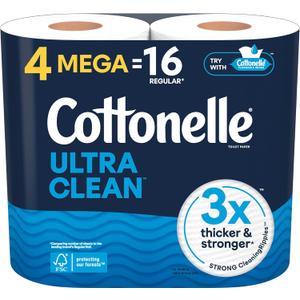 Cottonelle Ultra Clean Toilet Paper, 4 Mega Rolls = 16 Regular Rolls, Packaging May Vary