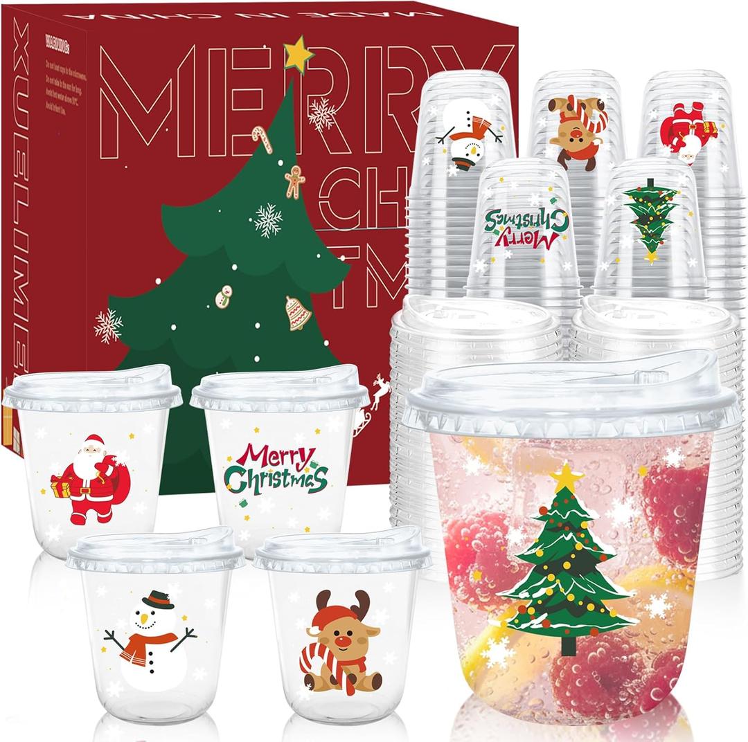 12oz Christmas Disposable Plastic Cups with Strawless Sip Lids-Xmas Tree Santa Reindeer Snow Cold Drinks, Coffee, Beer, Drinks, Ice Cream, Drinking Cups for Party Supplies. (100)