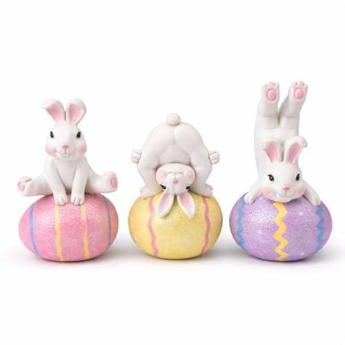 GoGnome Easter Decoration Indoor, Set of 3 Resin Easter Bunny Figurines on Pastel Eggs – 6.5''H Playful Rabbit Spring Decor for Shelf, Mantel & Tabletop (Pink/Yellow/Purple)