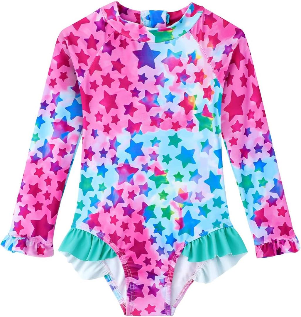 Baby Toddler Girl Long Sleeve Ruffle Swimsuit One Piece Zipper Rash Guard Bathing Suit with UPF 50+ Sun Protection (5-6 Years, Red Stars)