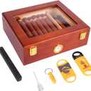 Desktop Cigar Humidor Box, Glass Top Cigar humidor with Hygrometer, Humidifier, Spanish Cedar Humidor with Cigar Cutters and Punch, Wooden Cigar Box Holds 20-30 Cigars, Humidor Cigar Box for Men Gifts