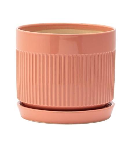 Napco Imports Indoor Outdoor Plant Succulent Herb Flower Pot with Saucer 6 Inch Ceramic Orange Ribbed