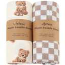LifeTree Muslin Swaddle Blankets, Baby Swaddling Wrap Nursery Blanket Unisex, Soft 70% Viscose from Bamboo and 30% Cotton, Large 47 x 47 inches, Bear & Checkered Swaddle Blanket