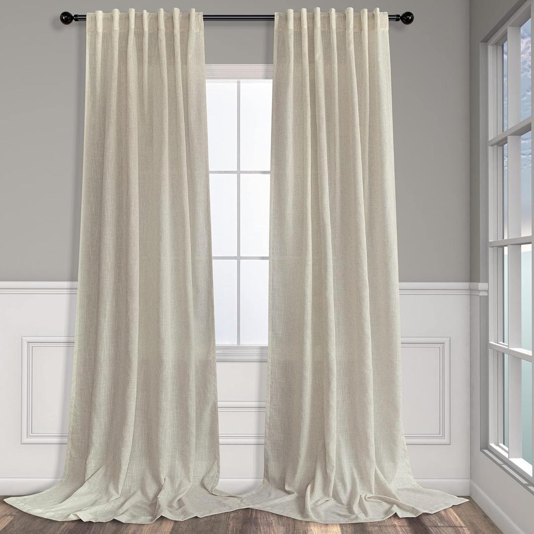 Flax Linen Curtains 96 Inches Long for Bedroom 2 Panels Back Tab Pocket Primitive Burlap Farmhouse Drape Sack Tweed Canvas Cloth Look Semi Sheer Tan Beige Curtains for Living Room Neutral Earth Tone, 52"W x 96"L (Pack of 2), Linen