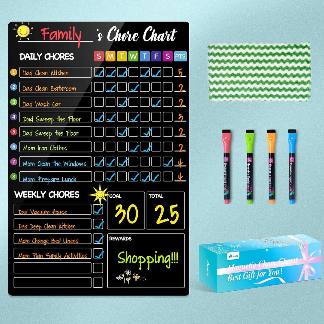 Magnetic Chore Chart for Kids with 4 Markers,1 Pack 8"x12" Chore Chart for Multiple Children, Responsibility Reward Chart for Kid, Dry Erase Chore Chart for Adults/Kids/Teens, Black Chore Board