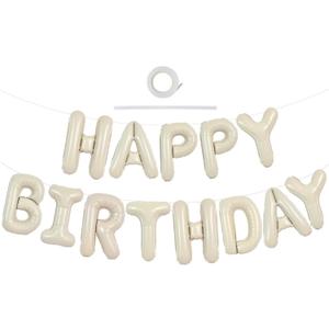 TONIFUL Cream White Happy Birthday Balloons Banner, 16 Inch Mylar Foil Letters Sign Bunting Reusable for Girls Boys Kids & Adults Decorations and Party Supplies