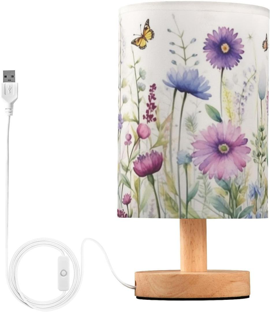 Kigai Wild Flowers Bedside Table Lamp,Nightstand Lamp with USB Ports Bedside Lamp for Living Room Bedroom Home Office