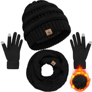 Winter Beanie Hat Scarf Gloves, Warm Fleece Knit Hats Touch Screen Gloves Neck Scarf Set Winter Gifts for Unisex Adult (Black)