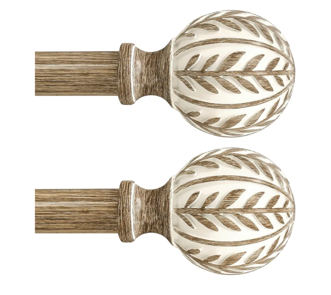 QDWIS 2 Pack Boho Wood Curtain Rods for Windows 48 to 84 inch,1" Adjustable Heavy Duty Window Curtain Rod with Imitation Wood Grain Finials,Rustic Decorative Drapery Rods Set 3688'',Weathered Wood