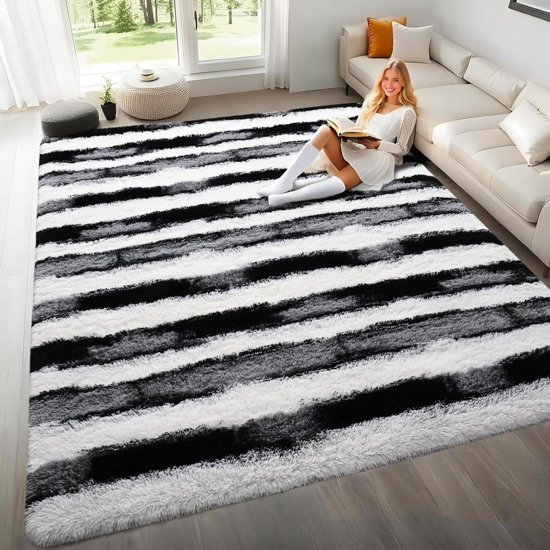 8x10 Feet Area Rugs for Living Room Bedroom,Black and White Machine Washable Soft Fluffy Shaggy Indoor Rug, Floor Carpet for Girls Boys Kids, Dorms, Nursery Rooms, Home Decor Aesthetic