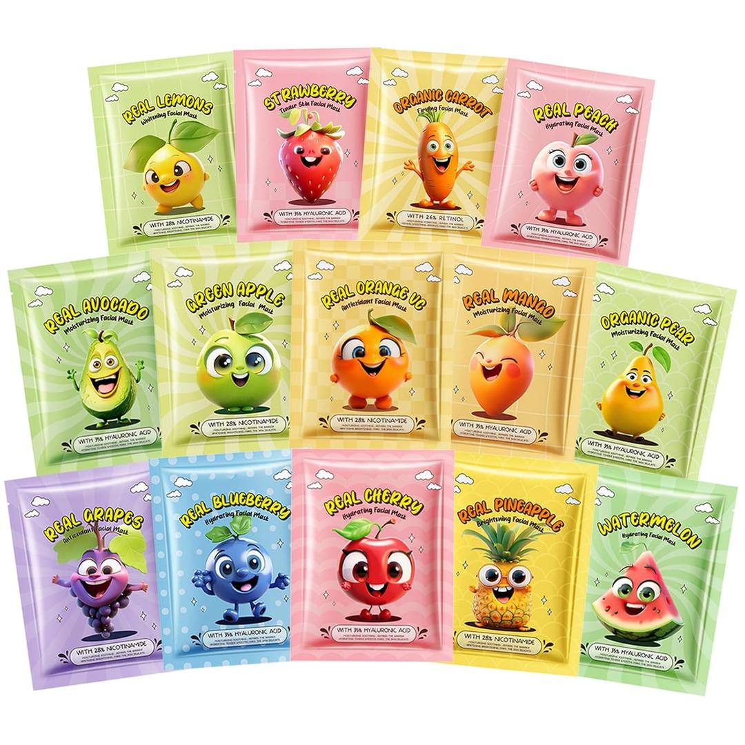 14 PCS Fruit Face Masks Skincare,Sheet Facial Mask Skincare Gifts Set,Plant and fruit mask, Kids Face Mask Spa Day Kit Supplies,Soothe Face Mask for Spa PartyMoisturizing, Brightening, Soothing