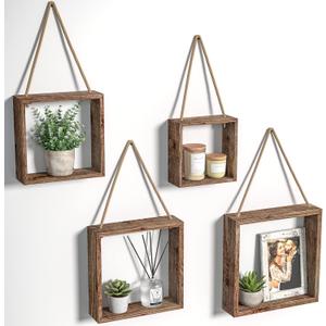 J JACKCUBE DESIGN Floating Hanging Square Shelves Wall Mounted Rustic Wood Cube Display Shelf Shadow Boxes Decorative Boho Home Dcor for Living Room, Bedroom, Office, Set of 4 (Brown) - MK571B