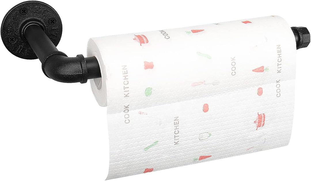 Industrial Iron Pipe Kitchen Paper Towel Holder, Vintage Farmhouse Heavy Duty DIY Industrial Rustic Wall Mount Paper Towel Rack for Kitchen Bathroom (1, Black)