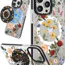 for iPhone 15 Pro Case for Women - Girls Kawaii Design Compatible with Magsafe Magnetic Ring Holder Stand Retro Flower Phone Covers Aesthetic Girly TPU Funda for 15 Pro