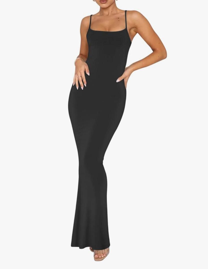 REORIA Women's Basic Sexy Lounge Slip Long Dress Elegant Sleeveless Backless Ribbed Bodycon Maxi Dresses, M