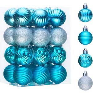 24ct 1.57" Small Mini Little Christmas Ball Ornaments Set for Tree Decorations, Blue Silver Winter Wonderland Shatterproof Plastic Xmas Balls Decor Hanging Ornament Bulk for Holiday Birthday Party