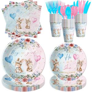Bunny Gender Reveal Party Decorations Tableware, He or She Bunny Gender Reveal Party Supplies, Rabbit Theme Boy or Girl Paper Plates, Cup, Napkin, Disposable Cutlery, Serves 24