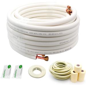 HANSUM Mini Split Line Set, OD Copper Pipes Tubing and White PE Thickened Insulated Coil with Flared Nuts for Mini Split Air Conditioner HVAC or Heat Pump System (50FT(3/8+5/8))