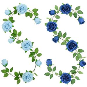 GREENTIME 2Pack Artificial Rose Flower Garland 6.5 FT Fake Rose Vine for Wedding Arch Table Centerpiece Arrangement Wall Party Decoration Stairs Fireplace Decor Mirror Decor (Light Sapphire Blue)