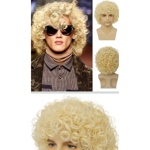Mens Curly Light Blonde Afro Wig Short Fluffy Rocker Wigs Cosplay Costume Daily Hair Wig for Male Guys