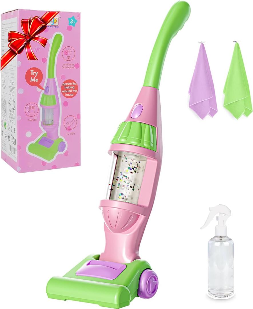 Toddler Vacuum Toy That Works with Lights & Sounds, Pretend Play Toy Vacuum for Toddlers 3-5 Years Old, Baby Vacuum for Boys, Girls, Kids Vacuum Cleaner Cleaning Toys with Spray Bottle, 2 Towels