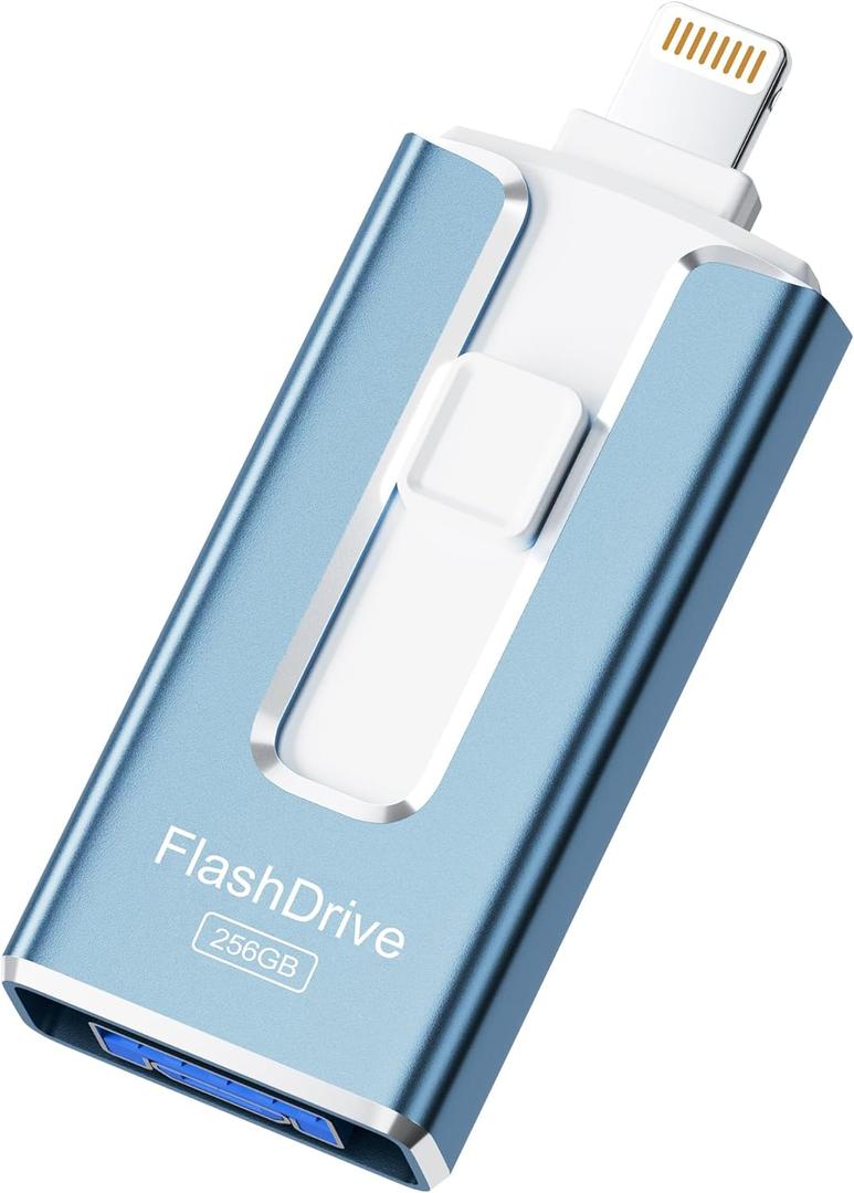 MFi Certified Flash Drive for iPhone 256GB, Photo Stick Memory Stick for iPad, USB Thumb Drive for Photos Videos Transfer & Backup, External Storage Compatible for iPhone/Android/PC/Mac (Light Blue)