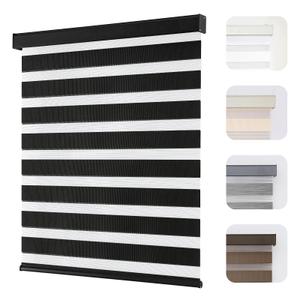 Joydeco Cordless Zebra Blinds for Windows, Dual Layer Light Control Window Blinds with Light-Proof Aluminum Cover, Free-Stop Roller Shades for Home & Office (Black,26" W x 75" H)