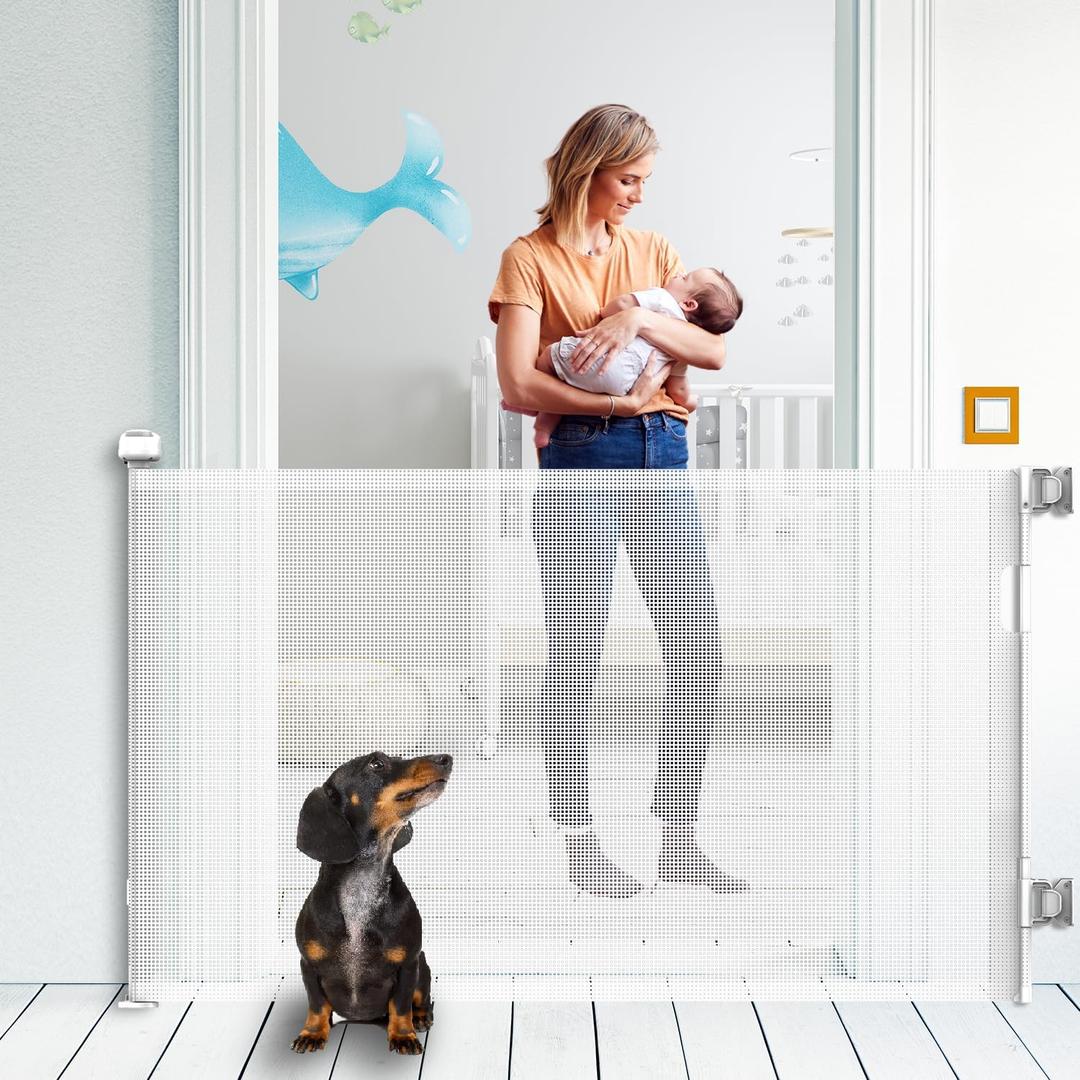 Upgraded Retractable Baby Gate for Stairs, 33"Tall Expands 55"Wide Ideal Safety Solution Dog Gate for Stairs Doorways Hallways Indoor Outdoor Mesh Baby Gate Retractable Screen Door(White,86CMx140CM)