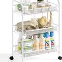 Metal Rolling Utility Cart, 3-Tier Mesh Wire Storage Trolley with Easy Assembly, Organizer Craft Cart 3 Hooks, Mobile Shelving Unit for Kitchen, Bathroom, Laundry Room, and Home (White)