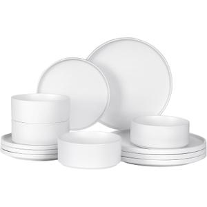 GZG Classic Series - Plates and Bowls Set for 4, 12 Piece Stoneware Dinnerware Sets, Microwave and Dishwasher Safe Lead-Free Handcrafted Ceramic Dishes Set - Ivory White