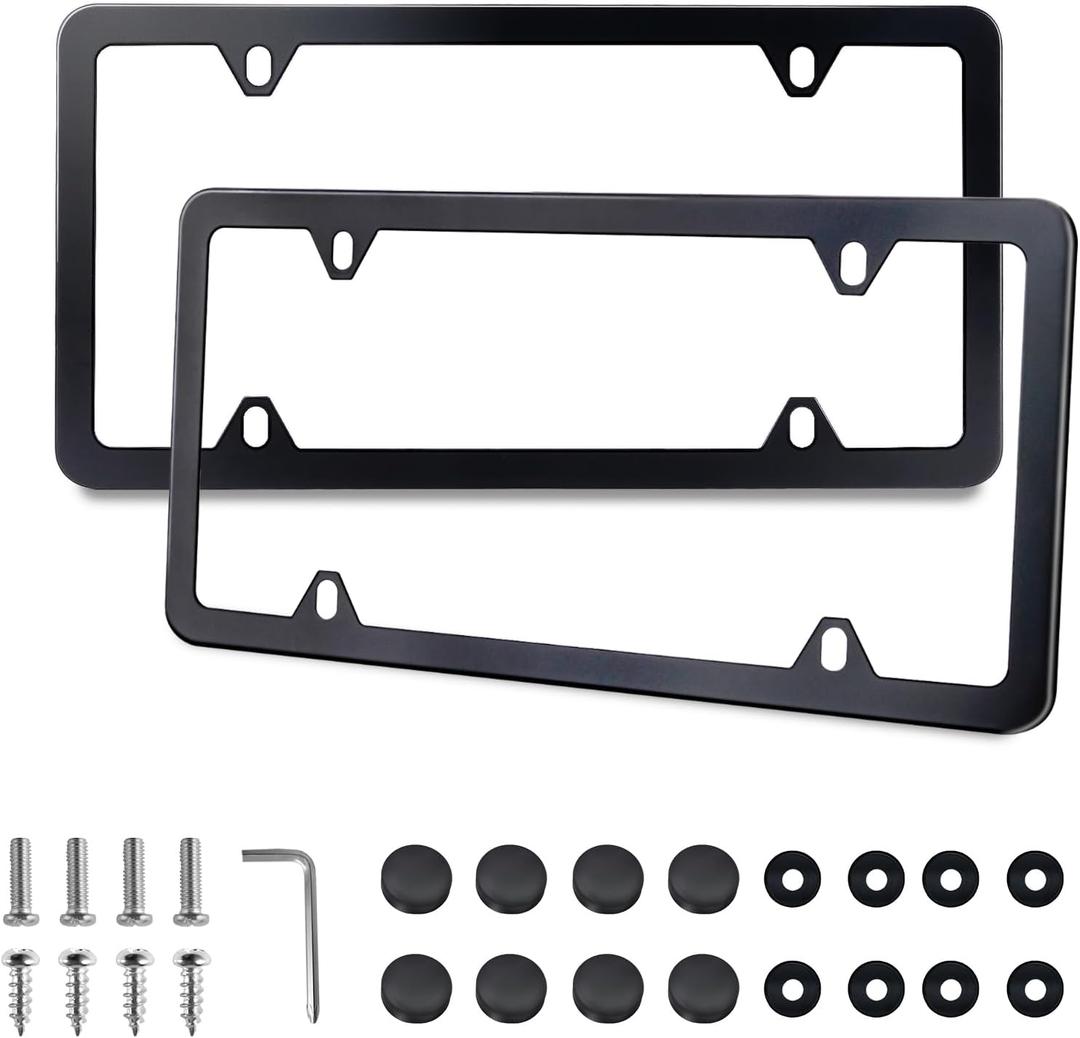 Black License Plate Frames 2 Pack, License Plate Holders Stainless Steel, Universal US Car License Plate Covers with Screws Washers Caps (4 Holes)
