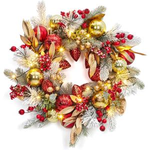 Adeeing Christmas Wreath with Lights, 24 in Outdoor Christmas Wreaths for Front Door, Battery Operated Xmas Wreath with 20 LED Lights, Red Gold Ornaments, Snow Flocked Branch