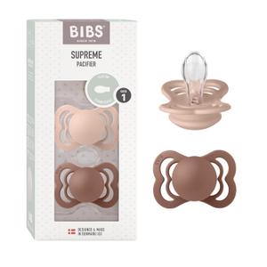 BIBS Pacifiers - Supreme Collection | Symmetrical Nipple | Silicone | Made in Denmark | Set of 2 Woodchuck/Blush Color Premium Soothers | Size 0-6 Months