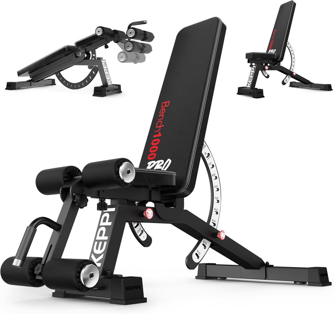 Keppi 1200LB Weight Bench, Heavy Duty Bench1000 PRO Adjustable Workout Bench Press Set for Home Gym Strength Training, Removable Foot Catch for Incline Flat Decline Sit Up Bench for Full Body Fitness