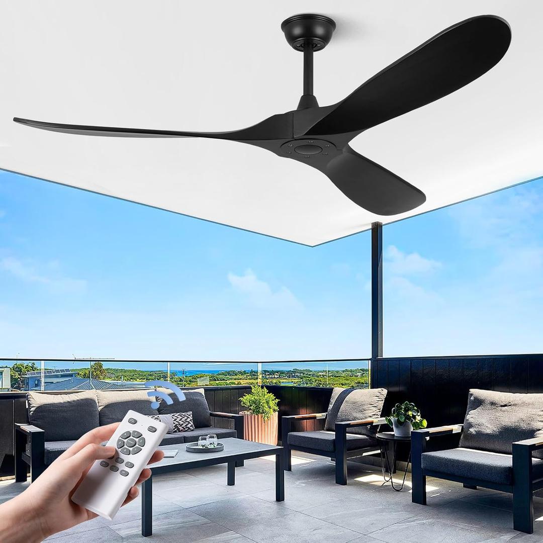 ABZ Ceiling Fans without Lights - 60 Inch Ceiling Fan no Light, Black 3 Blade Solid Wood Indoor Outdoor Ceiling Fan with Remote Control for Patios Living Room Bedroom