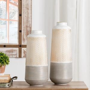 Floor Metal Vase Decor Set of 2 Large Modern Farmhouse Scales Texture Grey/Gold/White Color Match Farmhouse Tall Flower Vase for Centerpiece, Living Room, Ground Home Decor