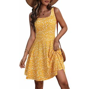 FENSACE Summer Dresses for Women Sleeveless Knee Length Floral Tank Dress (Yellow, XL)