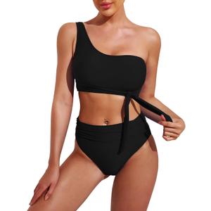 Pink Queen Women's One Shoulder High Waisted Bikini Set Two Piece Tie Ruched Swimsuit (Medium, Black)