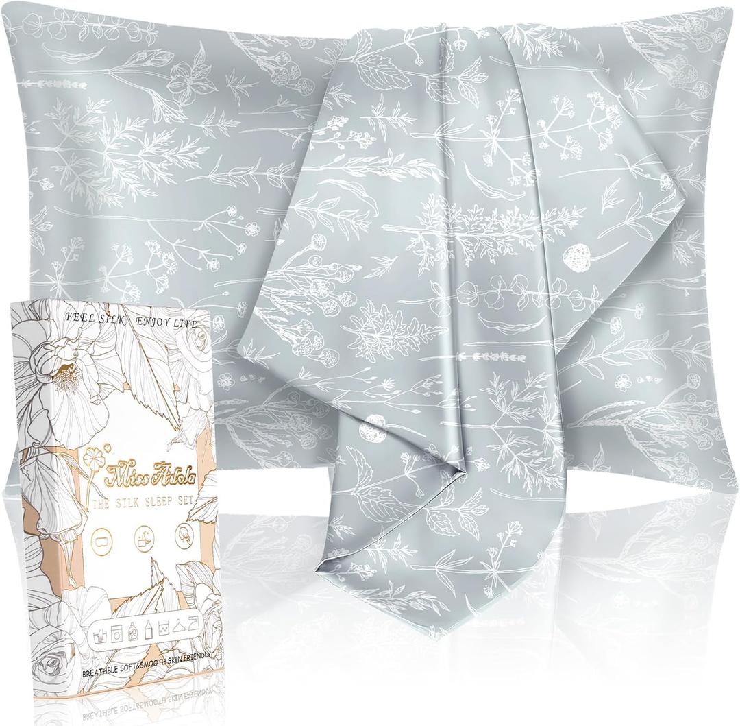 Miss Adola 2 Pack Mulberry Silk Pillow Case for Hair and Skin 19 Momme Queen 30"x20" Floral Plants Sage Green Silk Pillowcase Soft Smooth Silk Pillowcase Sleeping for Moms, Women