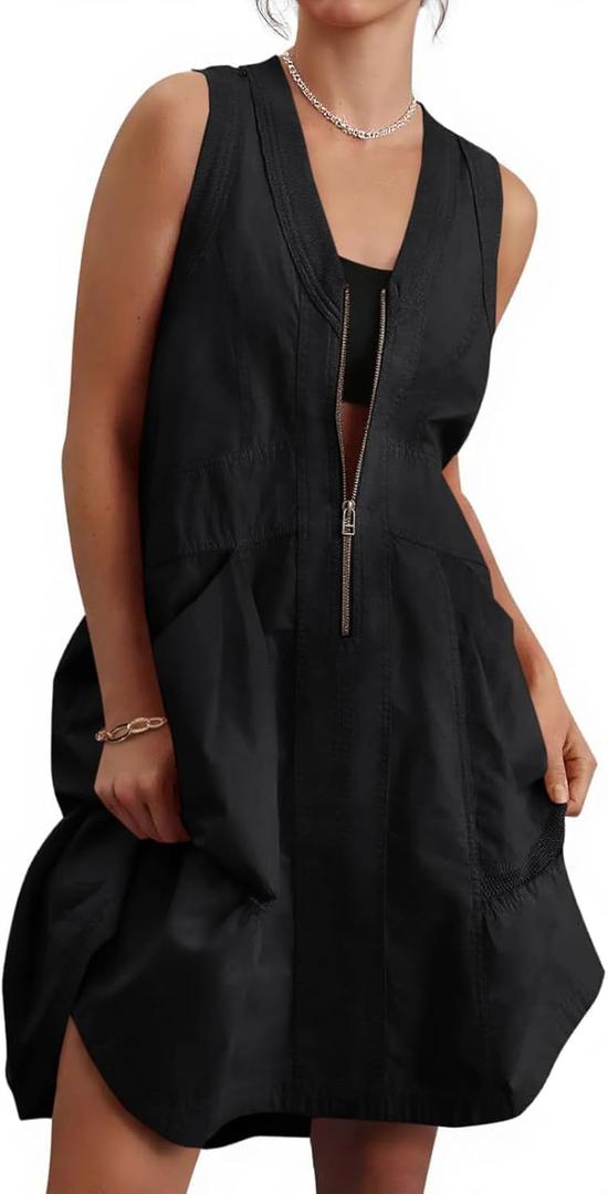 Fisoew Women's Sleeveless Tank Mini Dress Casual Half Zip V Neck Loose Mesh Back Utility Summer Dresses with Pockets (X-Large, Black)
