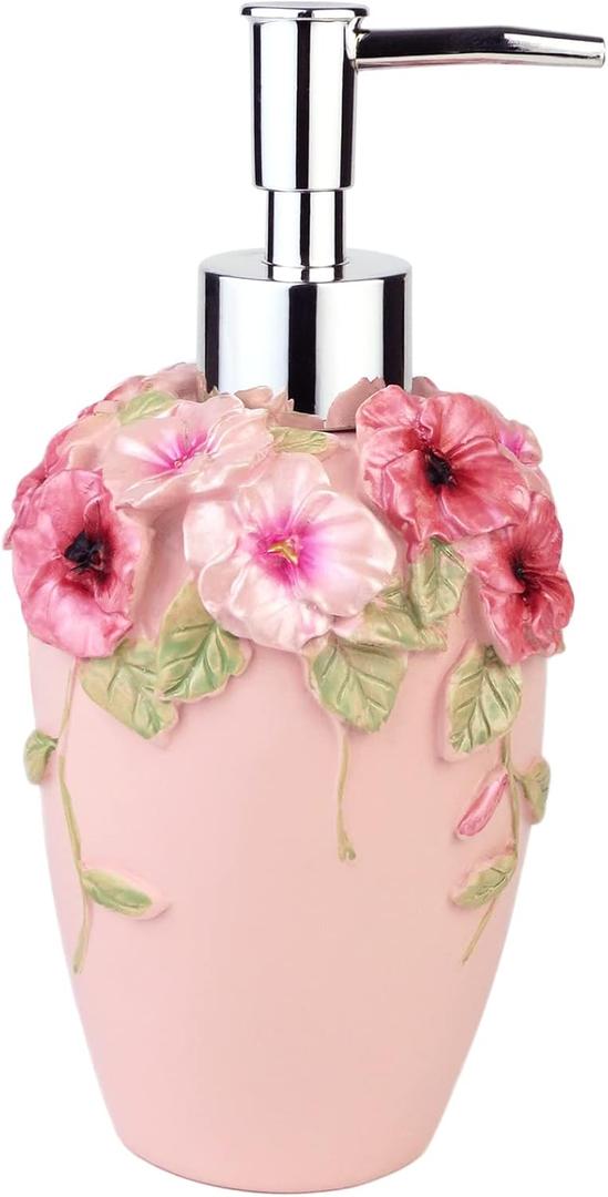 Flower Soap Dispenser with Luxury Vintage Decorative - Resin - Colorful Painted by Hand Lotion Dispenser for Bathroom, Kitchen Counter, Beauty Shop, Hotel (10 oz/300 ml, Pink)