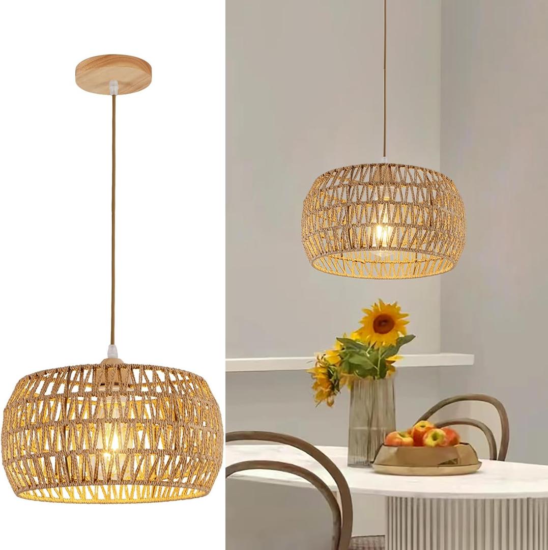 Rattan Pendant Light Fixture Ceiling Bohemian Chandelier Flush Mount Hanging Light 12.99-inch Small Woven Lamp Shade Wooden Base Basket for Kitchen Island Hallway Bedroom Dinning Table